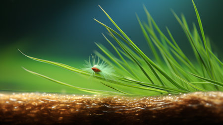 bug resting on a bed of grass surrounded by vibrant leafy flowers. this artwork, inspired by the style of alex andreev, showcases meticulous attention to detail in the texture of fur and feathers. realistic lighting enhances the scene, with a combination of light green and red hues. the composition features blink-and-you-miss-it details, such as spiky mounds and layered fibers. ai generatedの素材