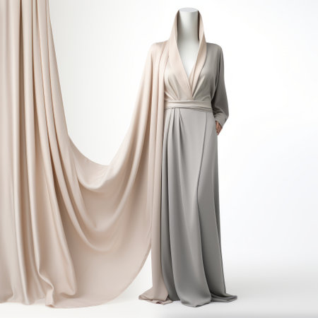 a grey and grey dress from a muslim fashion store, inspired by the style of gabriel isak. the dress features a combination of light pink and light bronze hues, captured in a matte photo. the luxurious drapery of the dress adds an elegant touch. the installation creator, antonio canova, has placed the dress against a white background. ai generatedの素材