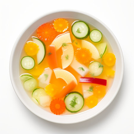 a bowl filled with a colorful mix of fruits and vegetables, showcasing a fluid simplicity. this low-resolution photograph, captured on kodak ektar 100 film, features vibrant orange hues. the image embodies elements of hallyu, carcore, and absinthe culture. ai generatedの素材