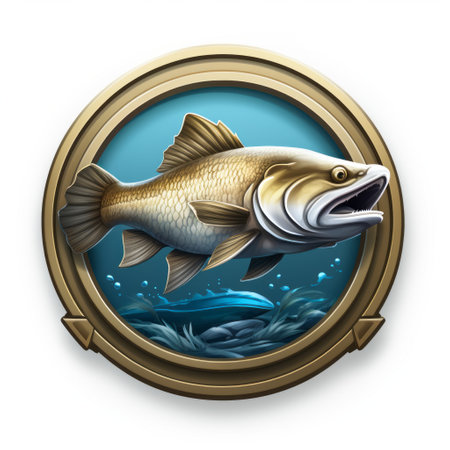 a gold and beige logo featuring a fish flying through the water in a realistic fantasy style. this 2d game art showcases scoutcore elements with rounded shapes and intricate detailing, capturing the fish's strong facial expression. ai generatedの素材