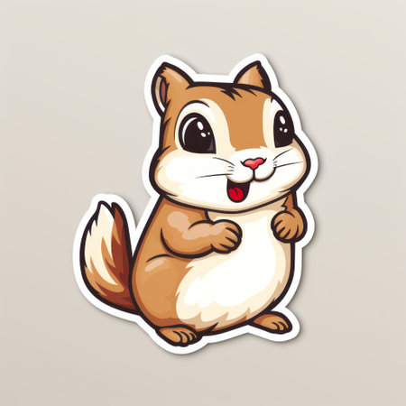 a squirrel-themed mouse sticker featuring a cartoonish character design by sopheap pich. the sticker showcases flat shading, low resolution, and a joyful, optimistic vibe. with a white and amber color scheme, the sticker is illuminated by softbox lighting, adding to its overall charm. ai generatedの素材