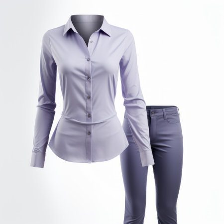 a 3d view of a woman's dress uniform, featuring a light purple and light gray color scheme. captured with the zeiss milvus 25mm f/1.4 ze lens, this high-quality photo showcases the eco-friendly craftsmanship and monochromatic compositions of the uniform. the slender design adds a touch of normcore elegance to the overall aesthetic. ai generatedの素材