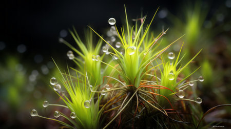 dew droplets glisten on a plant, resembling fantastical, otherworldly creatures in this captivating national geographic photo. the spiky mounds create enchanting realms, while the hyper-realistic water showcases shades of light green and dark amber. this image evokes tropical symbolism, transporting viewers to a mesmerizing and magical world. ai generatedの素材