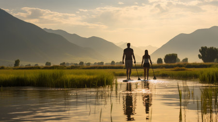 a breathtaking meadow scene featuring a couple paddle-boarding in the foreground. this cinematic wide shot showcases the vast valley desert as the backdrop. the silhouettes of the couple are beautifully outlined against the sky, with their reflection visible in the water. captured using a phase one camera or canon eos for exceptional detail, the image is enhanced with stunning amber and blue hues to elevateの素材