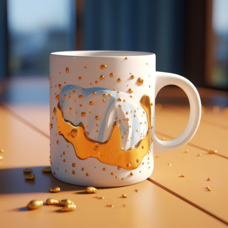 a gold-accented mug sits on a surface, accompanied by an inverted cup. this captivating image, created using the cinema4d software, showcases a paint dripping technique reminiscent of the works by filip hodas. the photorealistic pastiche incorporates elements of messiness and draws inspiration from the artistic style of jean arp, resulting in a unique and intriguing composition. welcome to the world of snailcore. ai generatedの素材