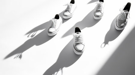 four white sneakers, in the style of clemens ascher, are depicted in silhouette on a white background. the chrome-plated shoes create a monochromatic minimalist portrait, reminiscent of the work of kurt wenner. the cartoonish simplicity of tsubasa nakai's art is evident in this image, where the sneakers lie in shadows on the ground. ai generatedの素材