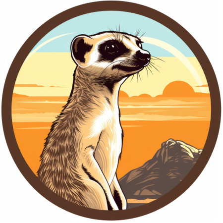 a black meerkat badge icon, inspired by exotic landscapes, moebius, terry redlin, golden age illustrations, murals, wall drawings, and monumental vistas. the design features rounded shapes and captures the essence of these artistic influences. ai generatedの素材