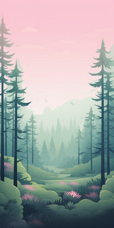 a cute landscape by the lake in a spring forest with a blue sky and sun rays. the illustration is inspired by graphic novel style, featuring light pink and dark emerald colors with subtle gradients. the birds-eye-view captures the romanticized depictions of wilderness, while the smokey background adds to the atmosphere. ai generatedの素材