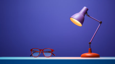 a desk lamp and pair of glasses sit on a table, creating a striking juxtaposition of objects. the image is captured in a style reminiscent of saturated color field, with vibrant shades of light purple and blue. the commercial imagery is enhanced by the bold pops of red and orange, while the tonal sharpness and 8k resolution add to the visual impact. ai generatedの素材