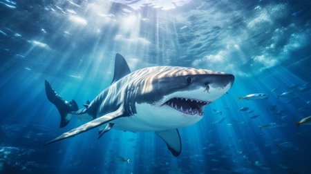 a massive ocean shark gracefully glides through the crystal-clear blue waters, illuminated by sun beams. this hyper-detailed rendering, created in the realistic style of cryengine, captures the shark's strong facial expression. the pinhole photography technique adds a unique touch to the image, showcasing the contrasting colors of dark white and amber. this captivating depiction of an animal in its natural habitat is a stunning blendの素材