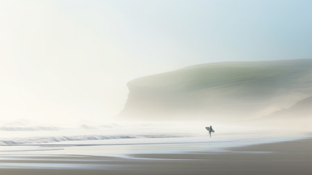 mick fanning gazes into the ocean amidst the morning fog, captured in a mesmerizing motion blur panorama. the photo showcases elements reminiscent of traditional british landscapes, with a soothing palette of light beige and green. influenced by the artistic style of tony cragg, the image exudes a minimalistic symmetry and a warm tonal range, enhanced by the subtle rim light. ai generatedの素材
