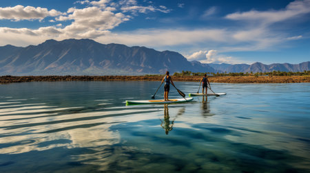 a breathtaking photo of a couple paddle-boarding in front of a vibrant reef. the wide shot captures the stunning beauty of the valley desert in the background. the silhouettes of the couple are visible against the sky, with their reflection shimmering in the water. shot with a phase one camera or canon eos, the image showcases glorious light with amber and blue hues, enhancing theの素材