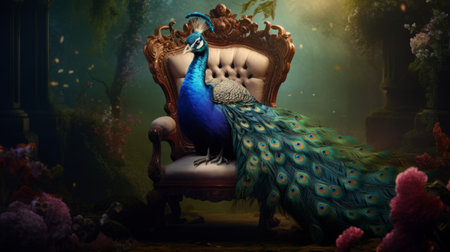 a majestic peacock perched on an ornate throne, surrounded by a vibrant array of flowers. this photorealistic rendering, created with meticulous attention to detail in cinema4d, captures the beauty of the peacock and the opulence of the baroque style. the ultra-high-definition image showcases the intricate still life composition and the lifelike depiction of animals. ai generatedの素材