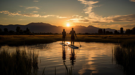 a breathtaking meadow scene featuring a couple paddle-boarding in the foreground. the wide shot captures the cinematic beauty of the valley desert in the background. the silhouettes of the couple stand out against the sky, with their reflection visible in the water. shot with a phase one camera or canon eos for exceptional quality, the image showcases the stunning light with amber and blue hues,の素材