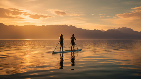 a breathtaking coastal scene captures a couple paddle-boarding against the backdrop of a valley desert. the wide shot showcases the cinematic beauty of the landscape, with the silhouettes of the couple visible against the sky. their reflection in the water adds a touch of serenity. shot with a phase one camera or canon eos, the image showcases the glorious light, enhanced by amber and blueの素材