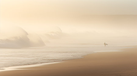 mick fanning gazes into the ocean amidst the morning fog, captured in a mesmerizing motion blur panorama. the photo showcases elements of traditional british landscapes with its light beige and green hues. inspired by the works of tony cragg, the image exudes a minimalistic symmetry and a warm tonal range. the rim light adds a touch of ethereal beauty to the scene. ai generatedの素材