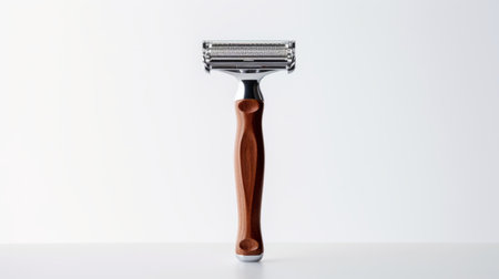 sustainable wooden slate razor presented in morning sunlight on a white tile wall. the clean and minimal design is highlighted by the delicate beauty of the light. with its front view, the razor stands out in contrast against the empty space. this high-quality photo was captured with a hasselblad x1 d camera, providing ultra-detailed and ultra-realistic results. ai generatedの素材