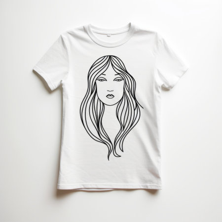 a women's white t-shirt featuring a woman's face in a calligraphic line style. this fashion-illustration inspired design showcases intricate hand-drawn animation and illustration techniques, reminiscent of wimmelbilder art. ai generatedの素材