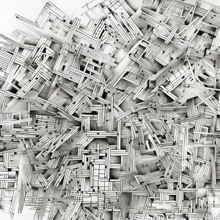 abstract painting featuring a multitude of small square blocks, reminiscent of detailed architectural drawings and exquisite black and white engravings. created by gediminas pranckevicius, this artwork captures chaotic environments with precise lines and contours. the high resolution of the piece showcases the artist's skill, drawing inspiration from the works of geof darrow. ai generatedの素材