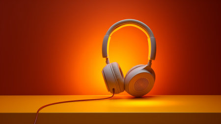 stereo headphones with bluetooth connectivity rest on a small wooden surface, showcasing a stylish combination of light orange and light amber hues. the composition draws inspiration from the works of rob gonsalves, known for his realistic still lifes with dramatic lighting. the photograph captures the essence of liam gillick's saturated color field aesthetic, featuring a matte finish and a simplified yet captivating arrangement. ai generatedの素材