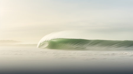 gabriel medina gazes into the ocean amidst the morning fog, captured in a mesmerizing motion blur panorama. the photo showcases elements reminiscent of traditional british landscapes, with a color palette dominated by light beige and green hues. the composition exudes a sense of minimalistic symmetry, enhanced by a warm tonal range and a subtle rim light. ai generatedの素材