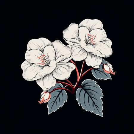a sakura flower graphic design featuring an illustration of flowers in the style of high-contrast realism. inspired by prudence heward and classic tattoo motifs, this artwork showcases a dark white color palette with an applecore theme. the graphic illustration is characterized by strong chiaroscuro, creating a visually striking composition. ai generatedの素材