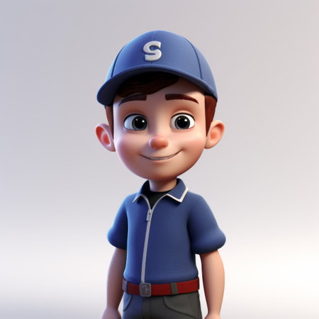 young boy wearing a hat and sneakers, depicted in a 3d rendering. this artwork is inspired by the object portraiture specialist, steve sack, known for his attention to detail and character expressions. the style also pays homage to the animated film pioneer, saurabh jethani. the color palette of white and navy adds a touch of sophistication to the image. experience the stunning realism of thisの素材