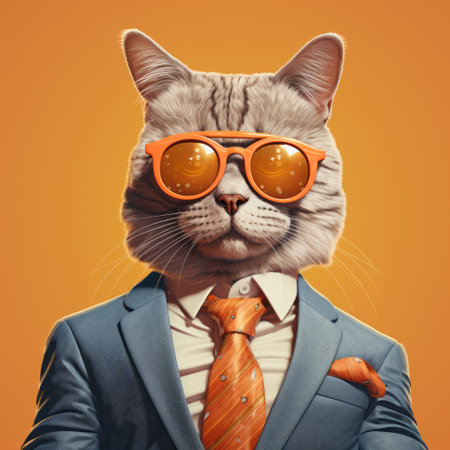 a portrait of a cat wearing a suit, glasses, and tie, in a retro futuristic style. the cat's orange fur is depicted using photo-realistic techniques, while bold color combinations add to the overall aesthetic. this corporate punk-inspired image showcases the artist's skill in creating characterful animal portraits, with a touch of solarizing mastery. ai generatedの素材