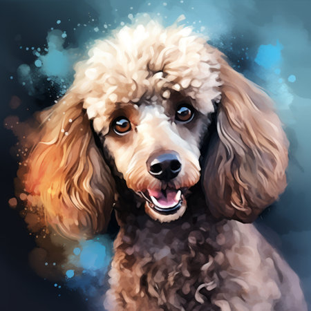 a cute dog with a blue background is depicted in this picture. the style of the artwork resembles that of a realistic portrait painter, showcasing colorful caricature elements. the use of light crimson and dark amber hues adds vibrancy to the image. the poodlepunk theme is evident, with luminous watercolors creating a striking contrast between dark gray and light amber tones. ai generatedの素材