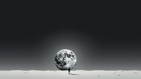 the photo showcases a minimalist still life of the earth on the moon, with a silhouette of a man. the hyperrealistic illustration captures the dark white and silver tones, creating a conceptual minimalism. the gigantic scale of the earth emphasizes the lunar landscape, while the dusty piles add a touch of lunarpunk aesthetic. ai generatedの素材