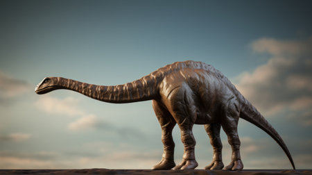 the dinosaur, in the style of zbrush, stands on a grassy area under sunny skies. this historical reimagining showcases a gray and bronze color scheme with texture experimentation. the 32k uhd resolution highlights the bulbous and grainy details of the sculpture. ai generatedの素材