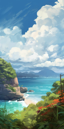 a stunning coastal landscape painting by patrick brown, featuring a vibrant green and floral valley, adorned with big clouds floating in the azure sky. the en plein air technique beautifully captures the essence of the jungle surroundings. the addition of an orange teal color grading enhances the overall mood, creating a captivating and realistic rendering. ai generatedの素材