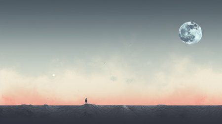 a person standing in a desert, depicted on a white screen against a blue background. this realistic landscape artwork showcases soft, tonal colors and a darkly romantic atmosphere. the conceptual digital art features calm waters, with hints of light red and dark gray. the image is digitally enhanced and presented in high resolution. ai generatedの素材