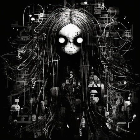 the lady of the mist, a captivating artwork by christina psaltis, showcases intricate black and white illustrations. this piece combines elements of destroyed gadgets sculptures, horror manga, street art characters, and simplistic vector art. set against a black background, the artwork features a multi-layered collage-like composition that is both visually striking and thought-provoking. ai generatedの素材