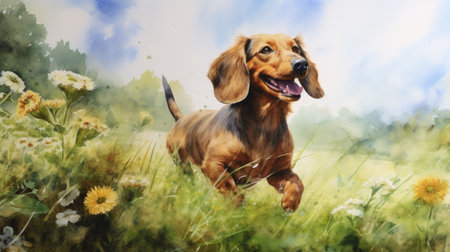 a painting of a dachshund chasing wild daisies and rabbits, featuring brushstroke-intensive portraits in the style of thomas w schaller. this hyper-realistic animal illustration captures the raw character of the scene, reminiscent of the dynamic brushstrokes seen in works by simon luttichuys and franoise basset. ai generatedの素材