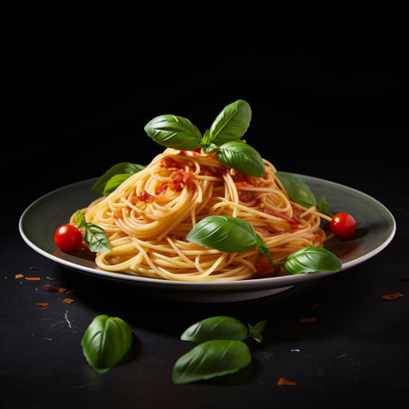 spaghetti pasta with roma tomato and basil, presented on a plate. this photo showcases a realistic chiaroscuro lighting technique, with a low-angle perspective and dynamic angles. the photorealistic pastiche style adds depth to the matte photo, creating a captivating visual. a perfect representation of the timeless appeal of pasta, this image captures the essence of italian cuisine. ai generatedの素材
