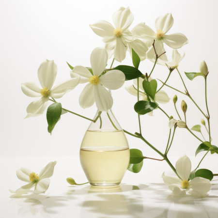 a commercial shoot for harper's bazaar cover by mario testino featuring a stunning jasminum flower with stem. shot in a bright studio environment against a white background, this cosmos photography captures the beauty of the flower with professional studio lighting. the final image will showcase super details and hyper-realistic rendering, offering a cinematic lighting effect and high level of detail in uhd resolution. ai generatedの素材