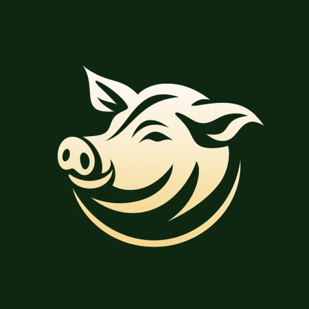 a pig with horns logo, depicted in a simplified and stylized manner, is showcased in this clipart. the logo is isolated on a dark background and designed in a monochromatic color scheme of light gold and green. the graphic design features circular shapes, calligraphic elegance, and organic, flowing forms. this high-resolution image exudes a unique and eye-catching aesthetic. ai generatedの素材