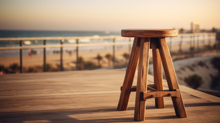 wooden outdoor bar stool with a view over the sea. warm tones, rounded and unpolished authenticity. low-angle shot capturing the opacity and translucency. working-class empathy reflected in the image. uhd quality showcases every detail. ai generatedの素材