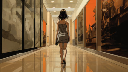 john walking towards elevator in black heels, hair in bun. legs reflecting on marble floor. view from floor, showcasing artworks by satoshi kon, katsuhiro otomo, junji ito, and simon stalenhag. ai generatedの素材