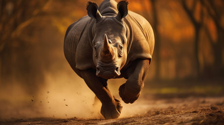 a rhino charges through the forest with explosive wildlife energy, captured in the close-up intensity of matthias haker's style. the image showcases the speed and motion of the rhino, enhanced by the intense shadows reminiscent of serge marshennikov's work. gianni strino's influence adds an extra layer of intensity to this captivating wildlife photograph. ai generatedの素材
