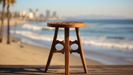 a wooden stool, inspired by contemporary chicano style, is placed on a serene beach, offering a breathtaking view of the ocean. with intricate detailing and a symmetrical design, this stool embodies the precisionist style. captured using an argus c3 camera, the image showcases a fusion of quantumpunk elements, creating a unique and visually captivating composition. ai generatedの素材