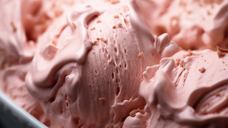 a close-up shot of a pink ice cream in a bowl, captured using macro photography techniques. this high-resolution image showcases the layered complexity of the ice cream, with vibrant colors and intricate details. shot with iso 200, the uhd image offers a visually stunning representation of this delicious treat. ai generatedの素材