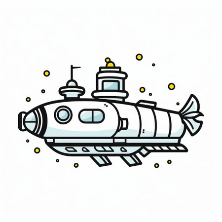 a submarine icon with a space-style twist, featuring comic art elements and a touch of cryptopunk and pencilsteampunk aesthetics. the illustration showcases a light white and silver color scheme, with editorial-style details and a sparse use of color. inspired by the konica big mini camera. ai generatedの素材