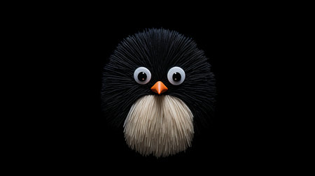 a whimsical sculpture of a penguin with long brown hair, inspired by the style of bess hamiti. the attention to detail in the fur and feathers texture is remarkable. the sculpture stands against a black background, created by petros afshar and carl kleiner. this intricate weaving of different artistic influences brings to mind the work of a whimsical children's book illustrator. ai generatedの素材