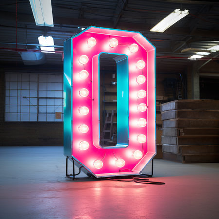 a captivating photo of a large neon zeppelin, featuring a pink letter o that illuminates both above and below. shot on 70mm, this industrial elegance-inspired image showcases bold and vibrant colors. with elements of quantumpunk and open form, this photo captures the attention with its captivating and striking composition. ai generatedの素材
