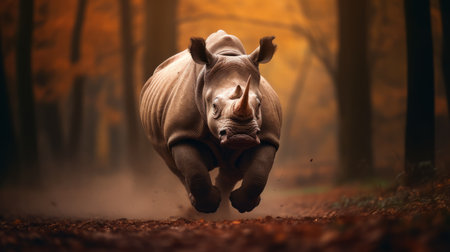 a rhinoceros charges forward in this captivating digital illustration, reminiscent of the style of janek sedlar. the aggressive portrayal captures the lively movement of the animal, while the earthy color palette adds depth and intensity. this contest-winning photograph beautifully captures the speed and motion of the rhinoceros, making it a must-download for wildlife enthusiasts. ai generatedの素材