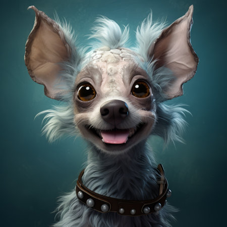 a gray dog with white hair is depicted in this realistic fantasy artwork. the dog is smiling, adding a touch of whimsy to the dark cyan and bronze color scheme. the artwork features grotesque caricatures and is rendered in high resolution (8k). it also incorporates elements of portrait miniatures and angura kei style, creating a unique and humorous tone. ai generatedの素材
