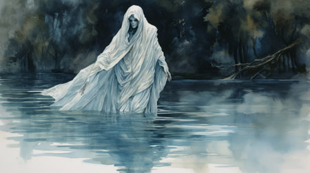a white ghost stands in water, reminiscent of simon bisley's style, with realistic watercolor paintings by debbie criswell. this biblical drama captures mysterious nocturnal scenes, evoking historical illustrations. the ghost appears slumped and draped, adding to the enigmatic atmosphere. ai generatedの素材