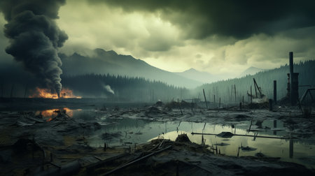 deforestation image: a haunting animation portrays a scene of environmental devastation. dark clouds loom overhead as toxic smoke billows from industrial factories, obscuring the mountains and forests in the background. in the foreground, a lake with murky water reveals the grim sight of dead fish floating on its surface. soft, warm lighting adds an art nouveau-inspired touch to this powerful depiction of the consequences ofの素材